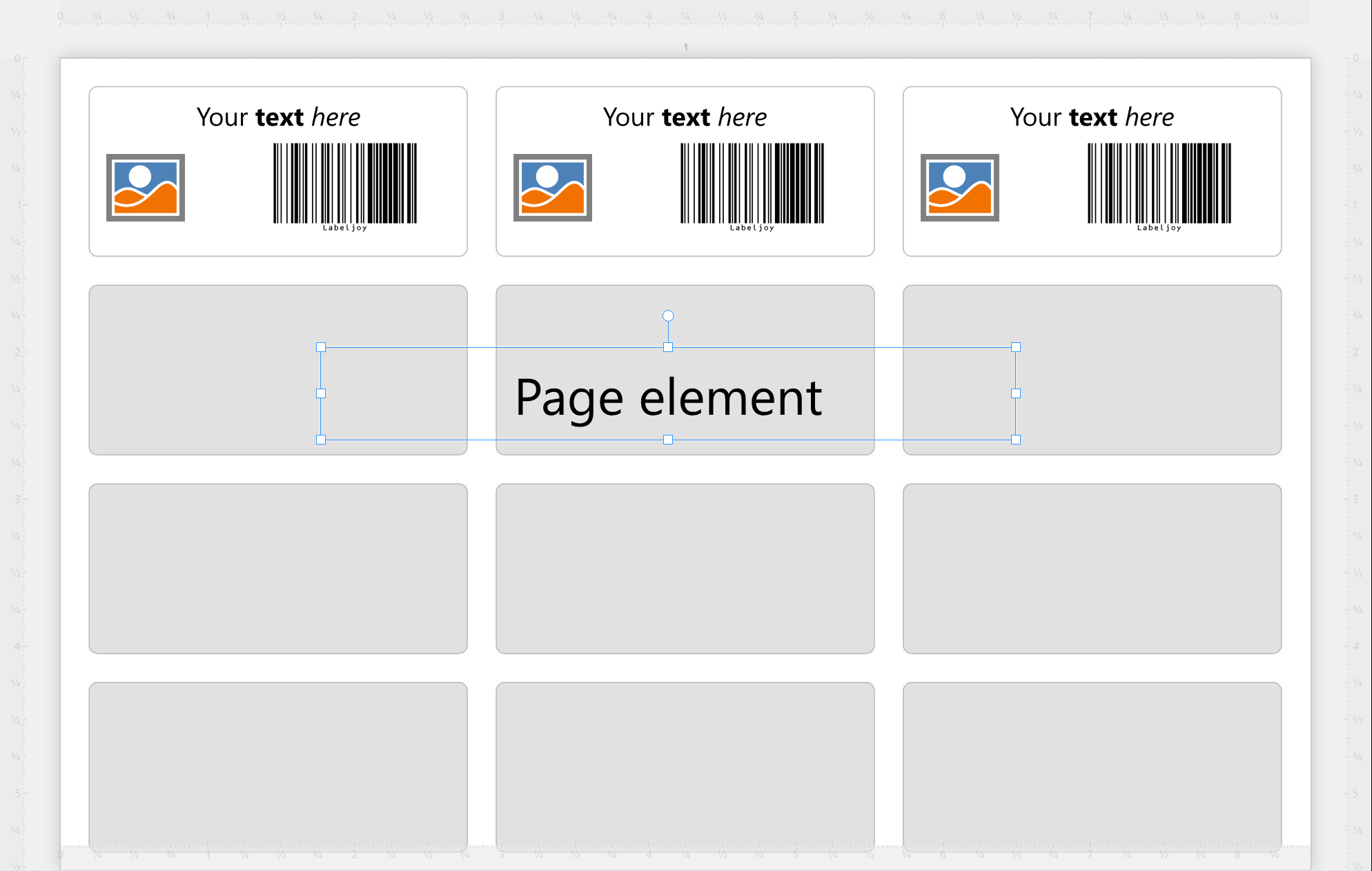The sample sheet in the work area with the words Page
element across three empty places on the second row, selected.