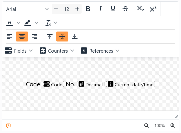 The text editor holding the word Code, a Code field
placeholder, the word No., a Decimal counter placeholder and a Current date/time reference placeholder, each a small
dotted box with its icon and name.