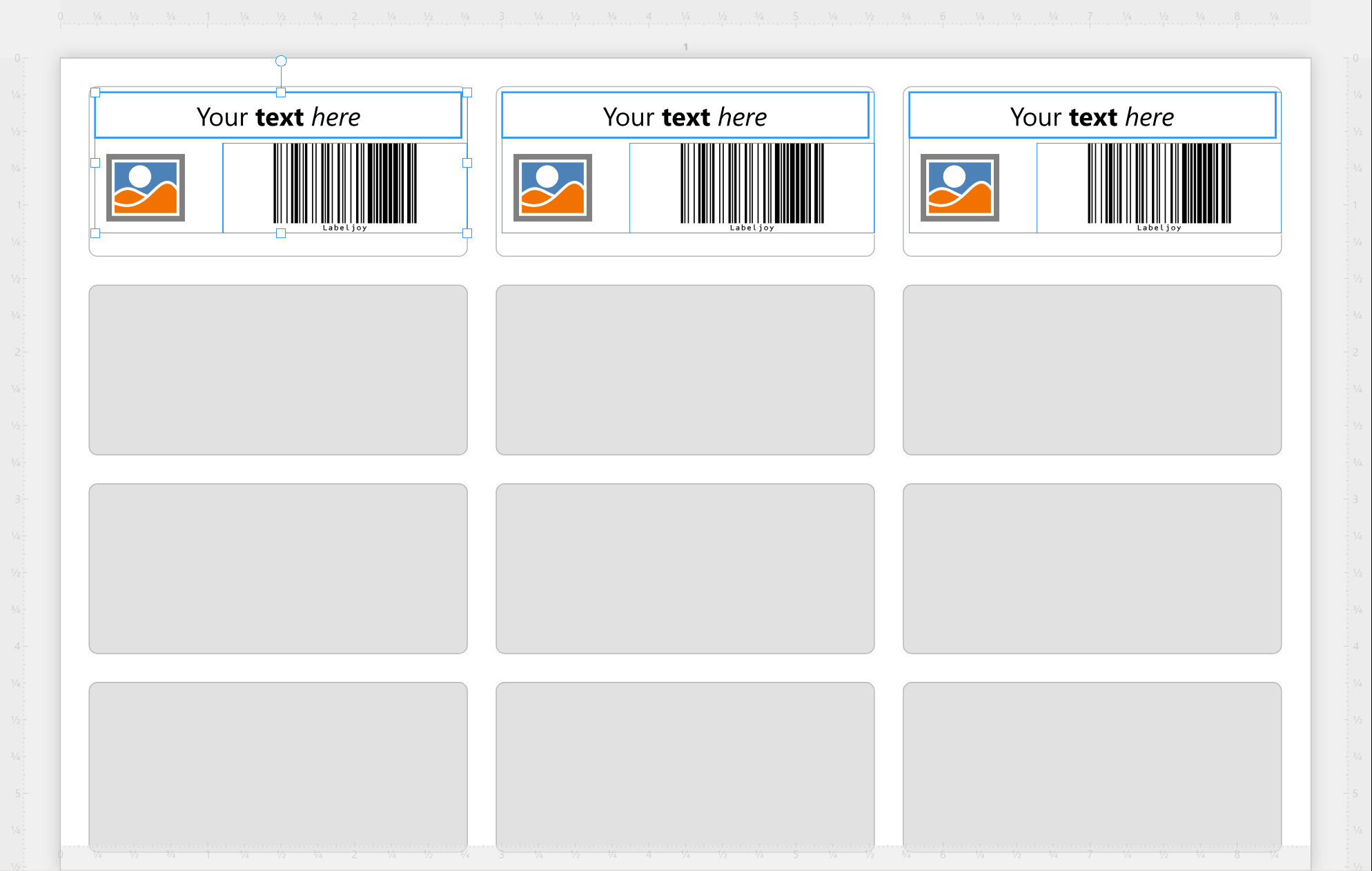 The sample sheet with two elements of the first label
selected together, the text and the barcode: each has a thin blue frame, and one frame with handles goes round
both.