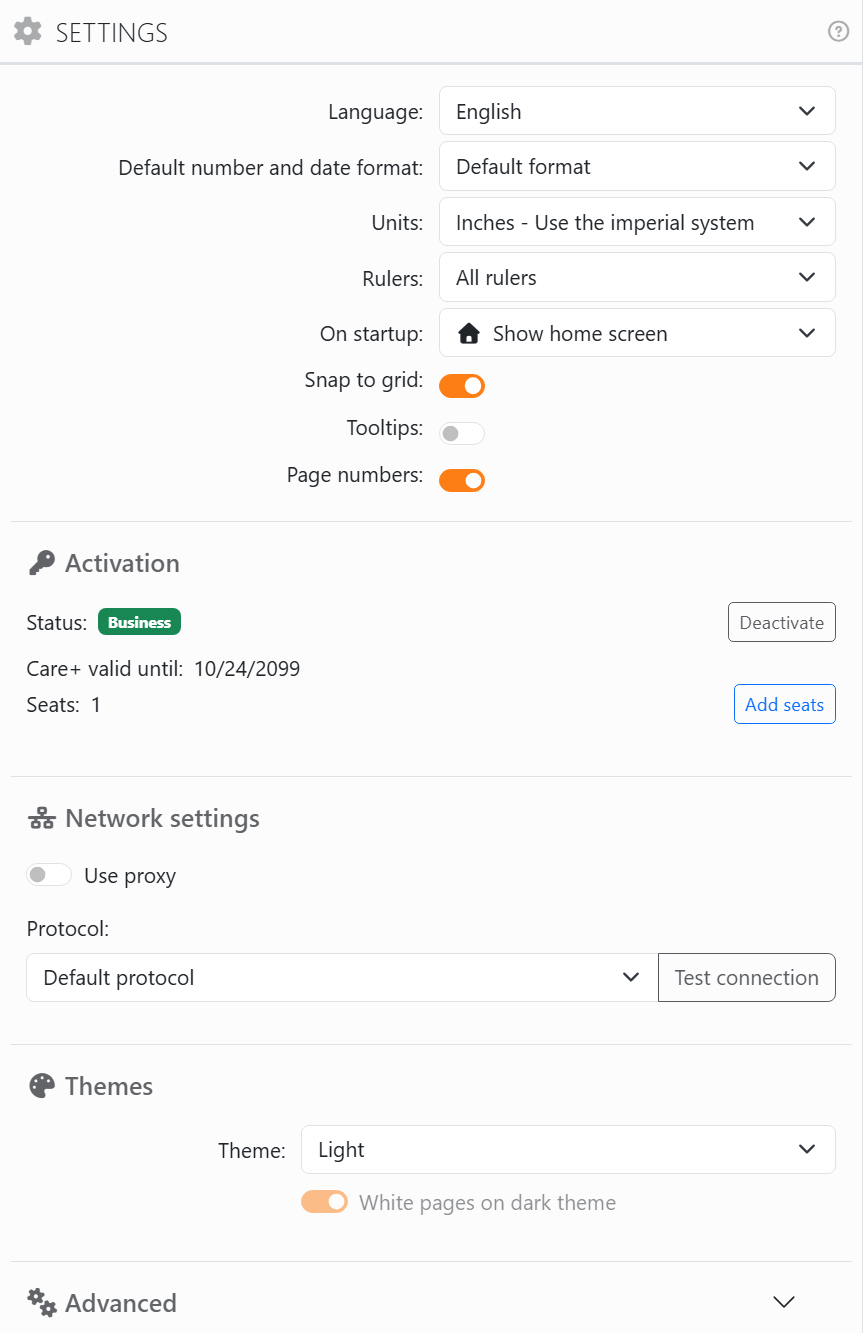 The Settings panel: Language English, Default number and
date format Default format, Units, Rulers, On startup Show home screen, the switches Snap to grid, Tooltips and Page numbers,
then the sections Activation, Network settings, Themes and, closed, Advanced.