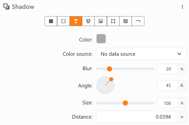 Shadow with Text picked among the eight buttons, then Color, Color
source, Blur 20%, Angle with its dial, Size 100% and Distance.