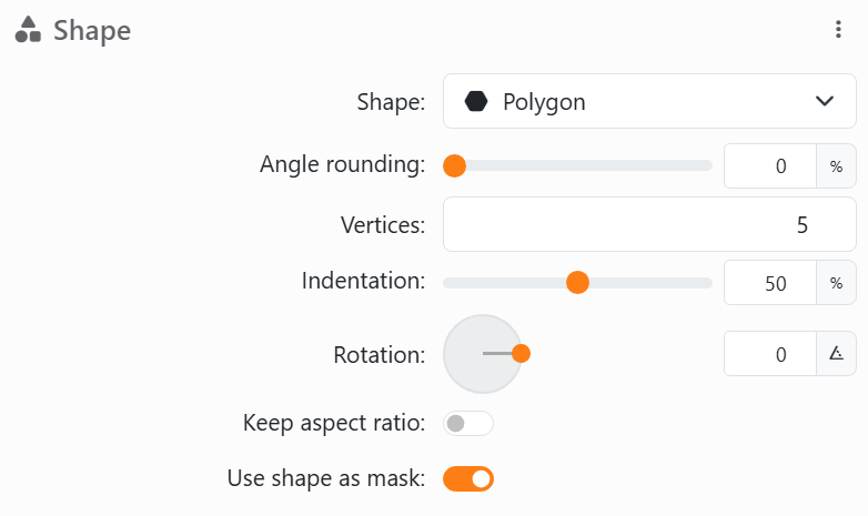 The Shape section of an element: Shape Polygon, Angle rounding,
Vertices 5, Indentation 50% for a star, Rotation with its dial, Keep aspect ratio, and Use shape as mask.