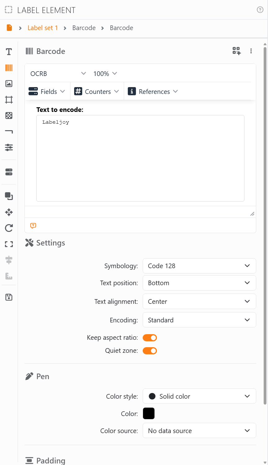 The tools panel showing the Label element panel for a
barcode: the title bar, the path Document, Label set 1, Barcode, the strip of section icons down the left, and
the Barcode section open.