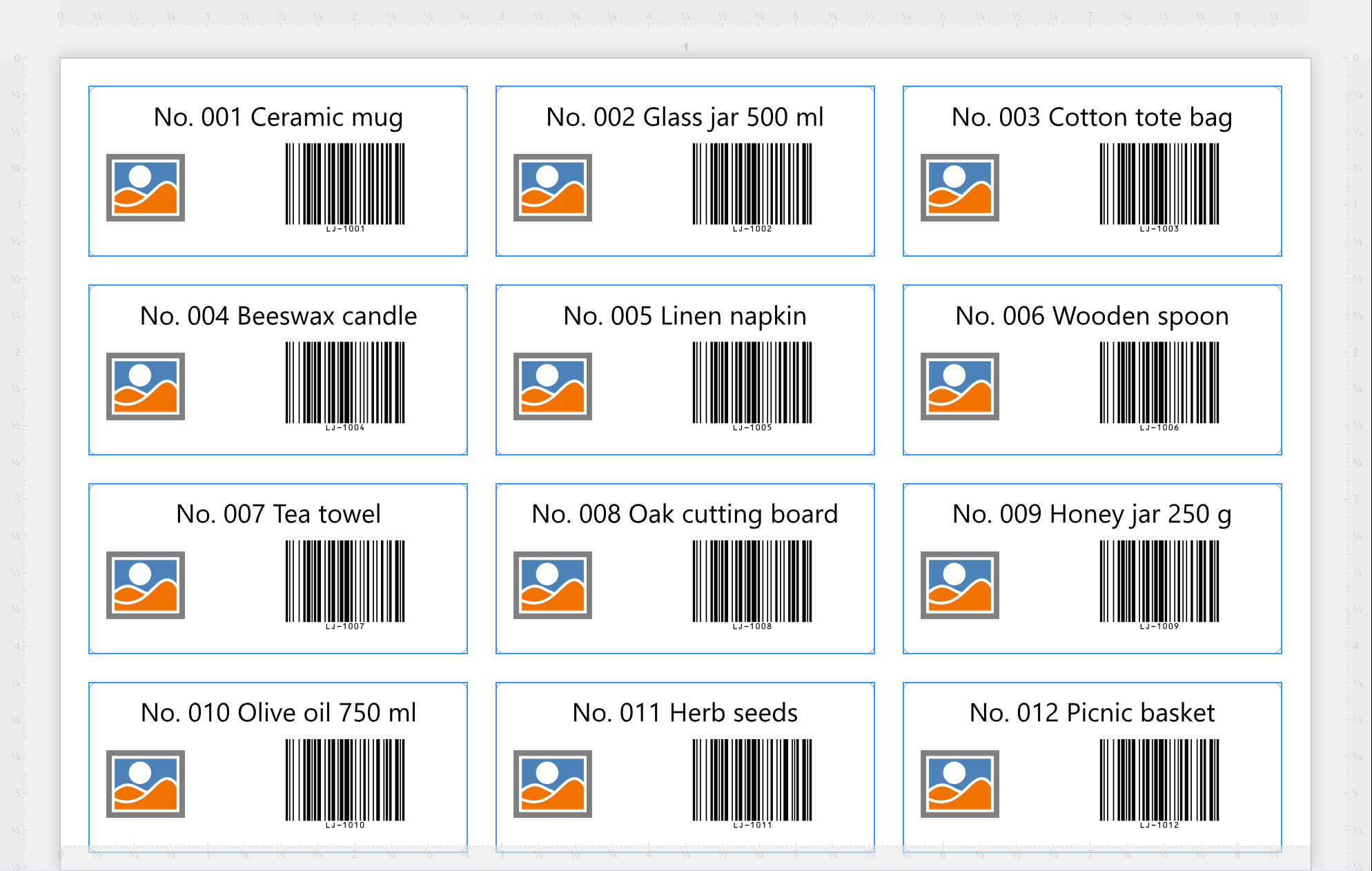 The work area with a sheet of product labels: each one
reads No. and a number one higher than the label before - 001, 002, 003 - then a different product, with that
product's code as its barcode.