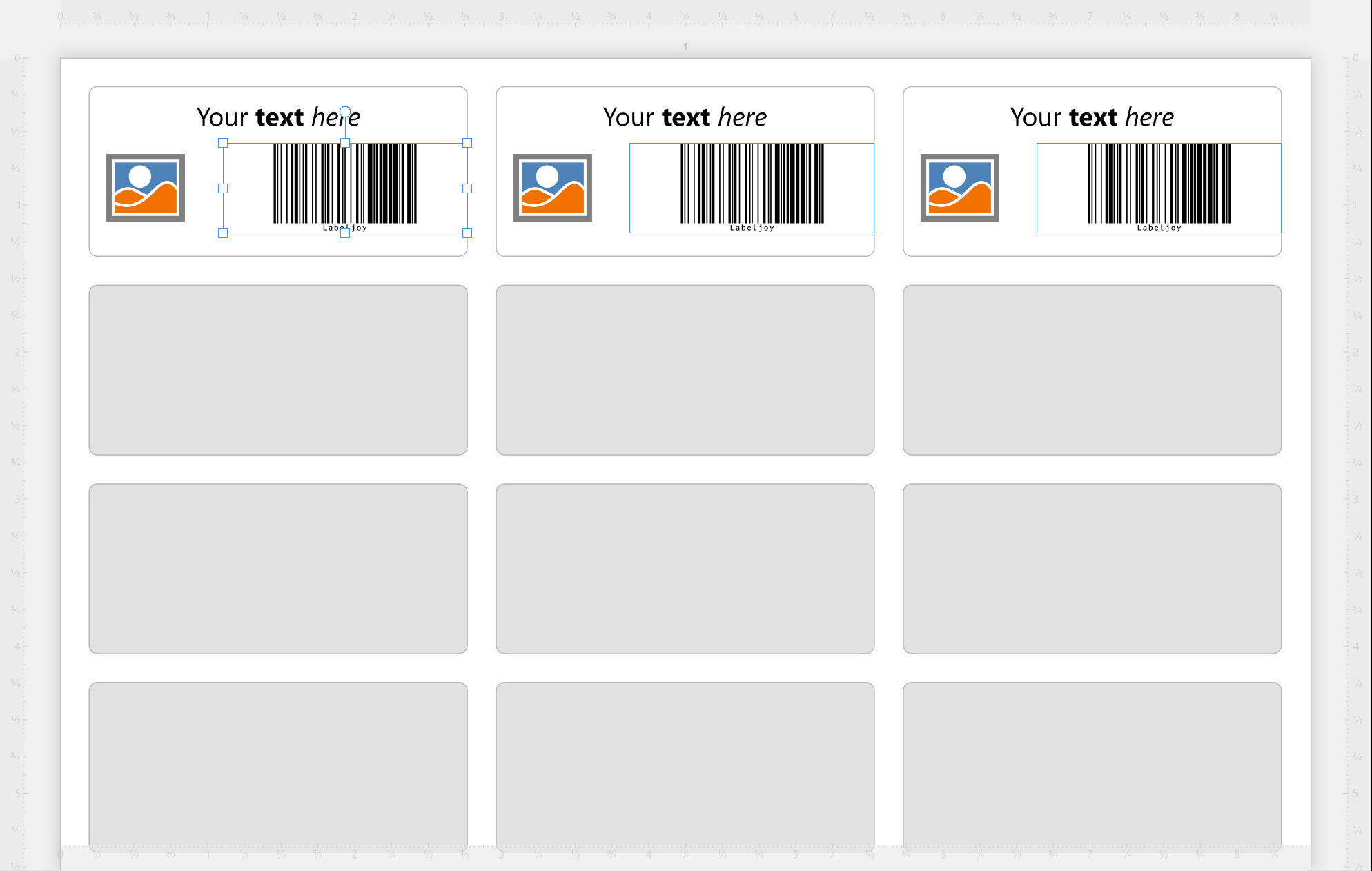 The work area with a sheet of labels in page view: rulers
along the edges, and a barcode selected, with its frame, handles and rotation handle.