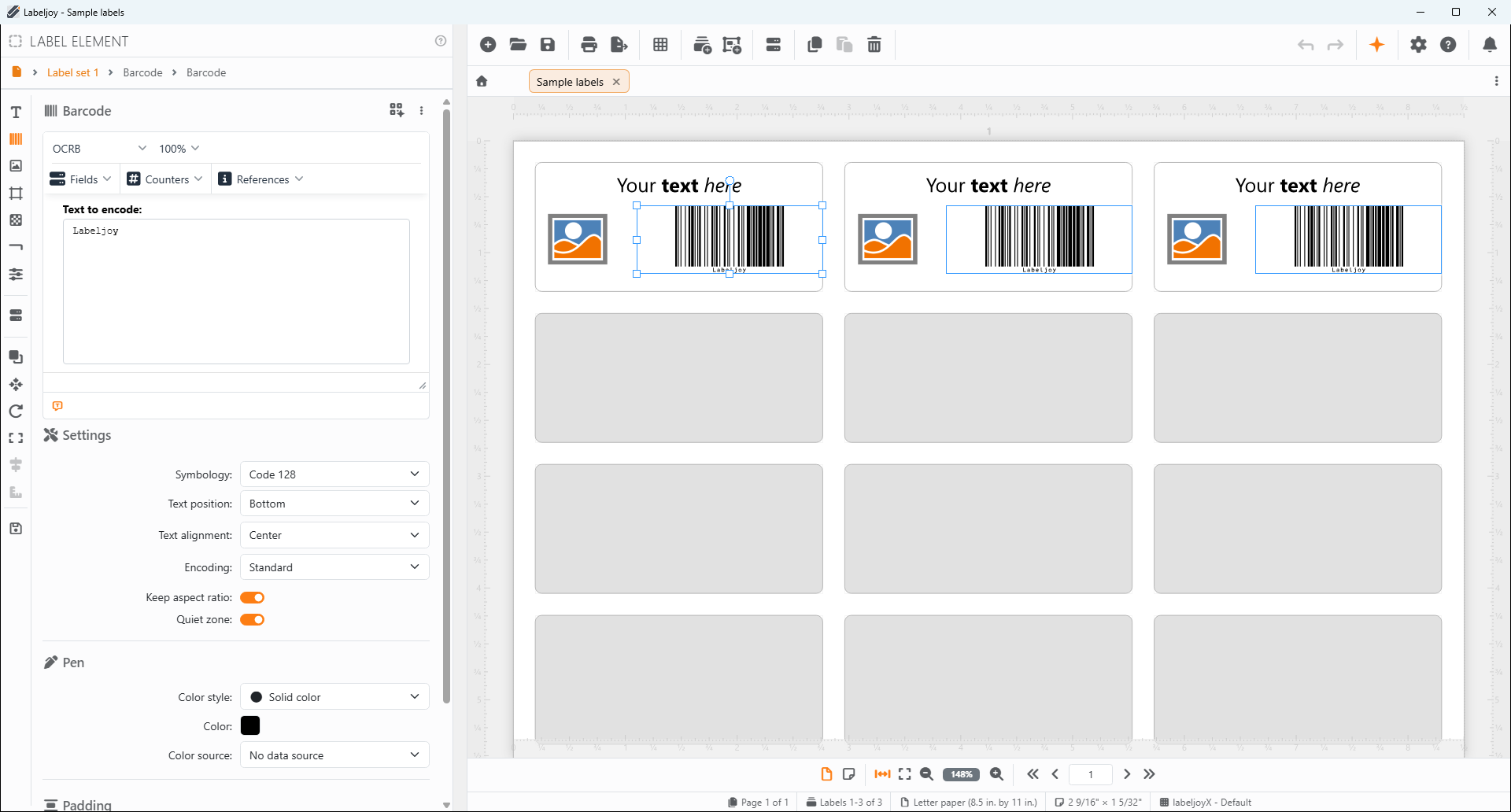 The Labeljoy window with a document open: the toolbar and
the document tabs at the top, the tools panel on the left, the label in the middle, the status bar at the
bottom.