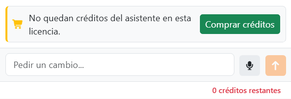 La parte inferior del panel del asistente sin créditos:
el aviso No quedan créditos del asistente en esta licencia, con el botón Comprar créditos, encima del cuadro con
Enviar atenuado, y 0 créditos restantes en rojo.