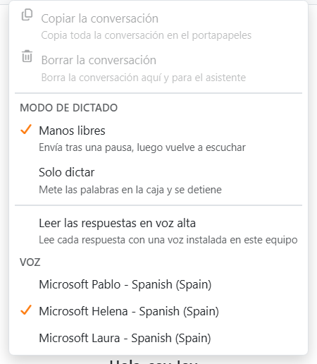 El menú del engranaje: Copiar la conversación y Borrar la
conversación, Modo de dictado con Manos libres y Solo dictar, Leer las respuestas en voz alta y la lista Voz.