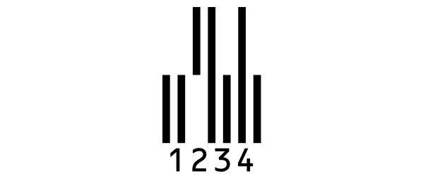 Un Pharmacode 2 Track para 1234: barras que llegan hasta arriba, hasta abajo o a ambos extremos, con 1234 debajo.