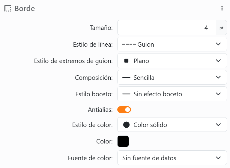 La sección Borde de un elemento: Tamaño 4 pt, Estilo de línea Guion,
Estilo de extremos de guion Plano, Composición Sencilla, Estilo boceto Sin efecto boceto, Antialias activado, luego Estilo de color
Color sólido, Color y Fuente de color.