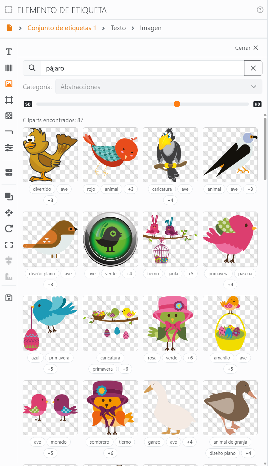 El panel Cliparts buscando pájaro: Cerrar, el cuadro de búsqueda, la lista Categoría atenuada, el control de
calidad de SD a HD, cuántos cliparts se encontraron y una cuadrícula de pájaros, cada uno con algunas palabras
clave debajo.