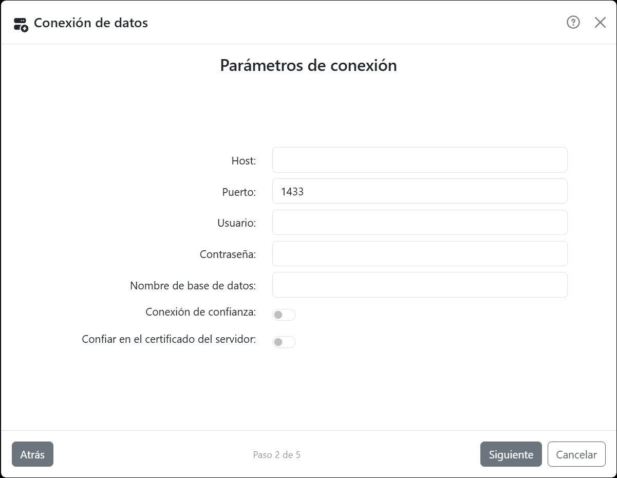El paso Parámetros de conexión del asistente para SQL
Server: Host, Puerto con 1433, Usuario, Contraseña, Nombre de base de datos, y los interruptores Conexión de confianza y
Confiar en el certificado del servidor.