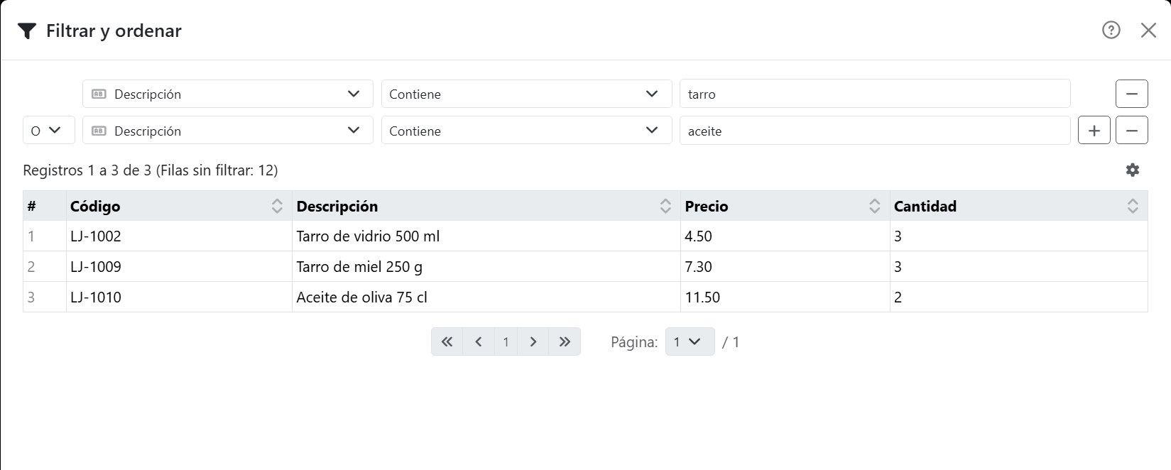 Filtrar y ordenar para una lista de productos: dos condiciones,
Descripción Contiene tarro, O Descripción Contiene aceite, y debajo los tres productos que las cumplen.