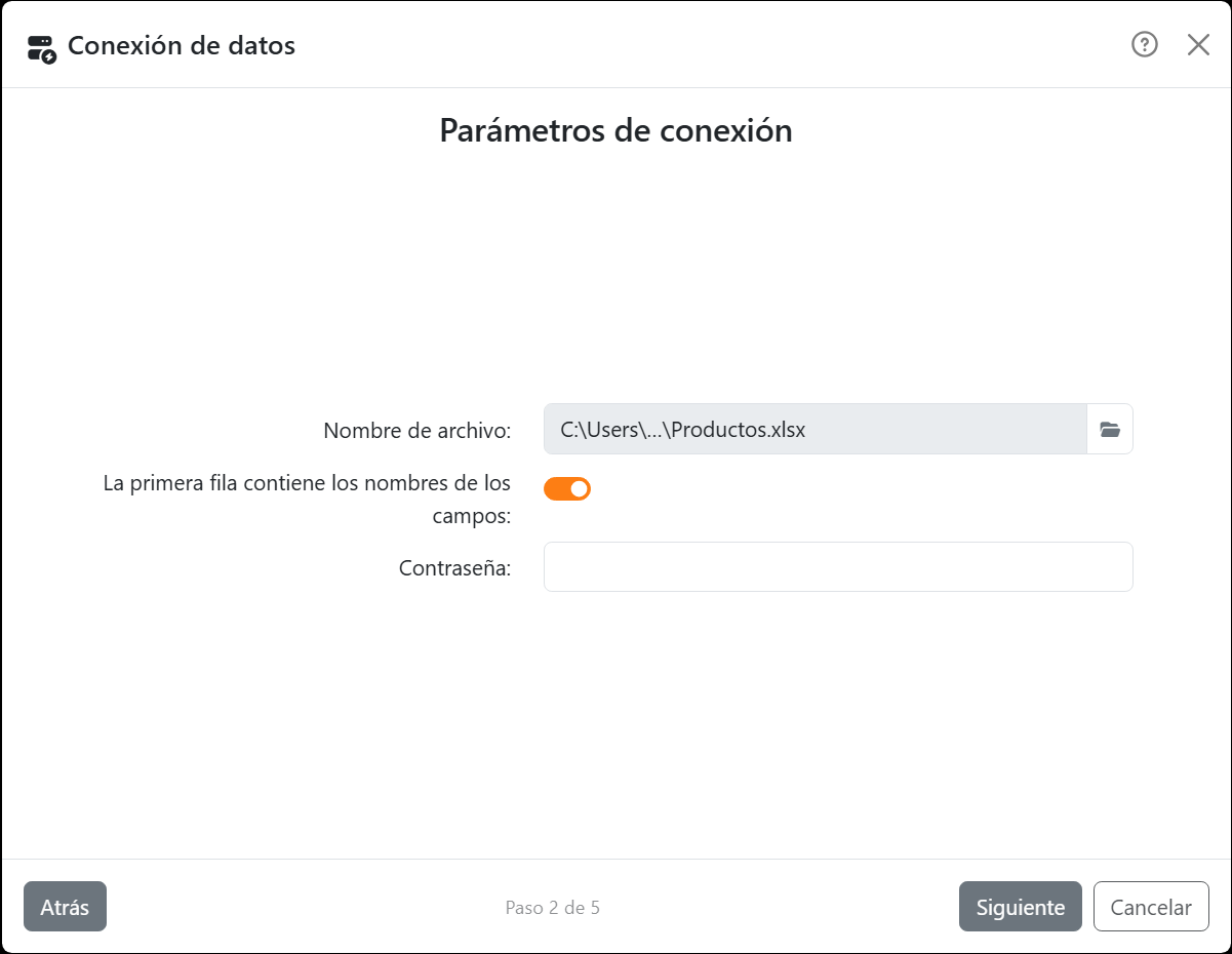 El paso Parámetros de conexión del asistente para Excel:
Nombre de archivo con Productos.xlsx, La primera fila contiene los nombres de los campos activado, y Contraseña.