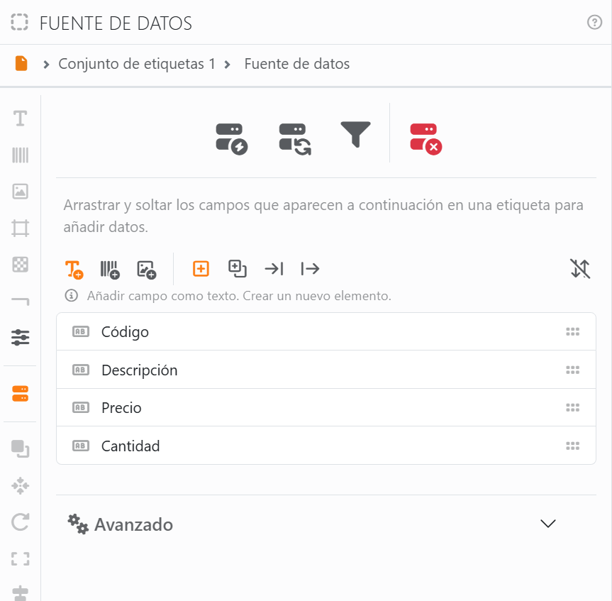El panel Fuente de datos de Conjunto de etiquetas 1,
conectado a una lista de productos: cuatro iconos arriba, las opciones para soltar los campos, y los
campos Código, Descripción, Precio y Cantidad, con la sección Avanzado cerrada debajo.