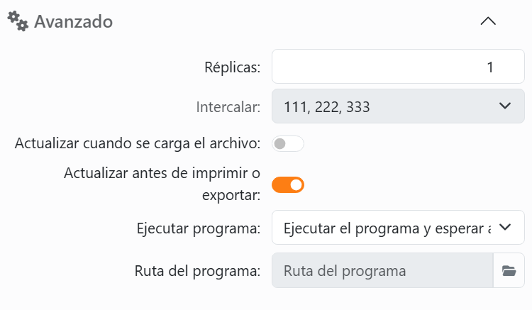 La sección Avanzado: Réplicas e Intercalar, los
interruptores Actualizar cuando se carga el archivo y Actualizar antes de imprimir o exportar, y Ejecutar programa con
Ruta del programa.
