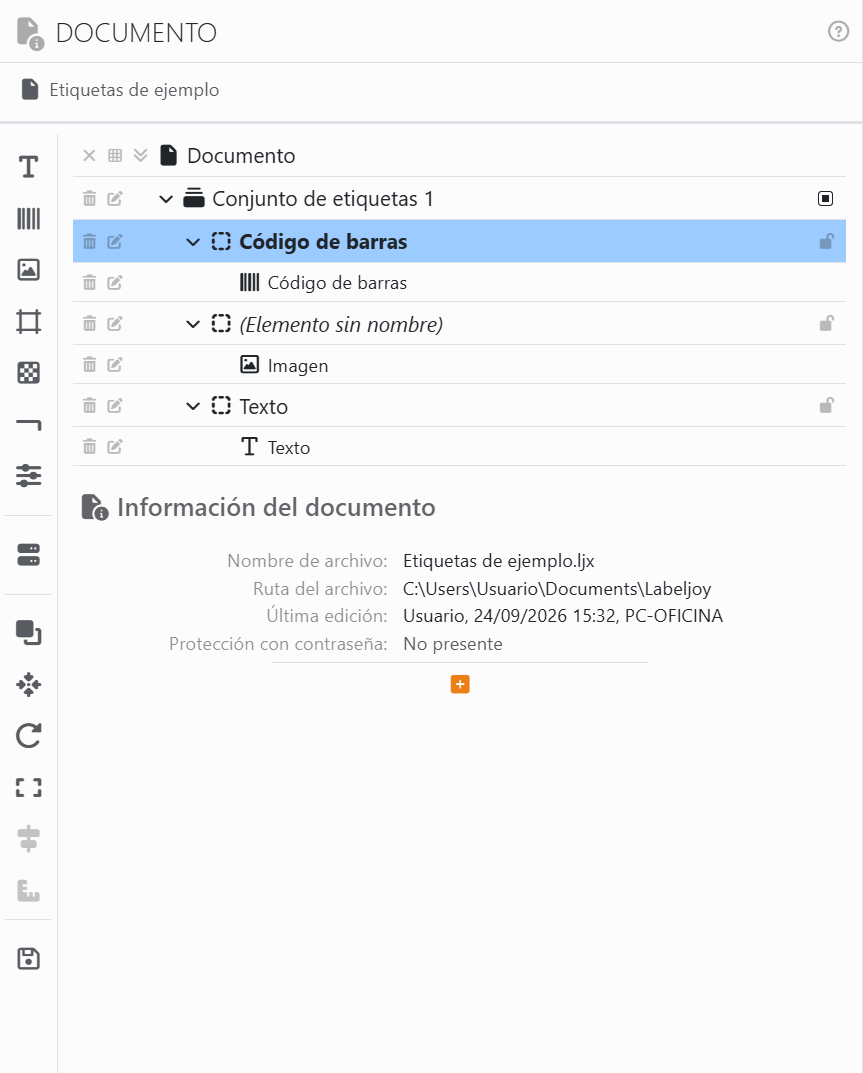 El panel Documento: una franja de iconos a lo largo del lado
izquierdo; la lista con Documento, Conjunto de etiquetas 1 y sus tres elementos Código de barras, un elemento sin
nombre y Texto, cada uno abierto para mostrar lo que contiene; y debajo, Información del documento, con el nombre
del archivo, la ruta del archivo, la última edición y la protección con contraseña.