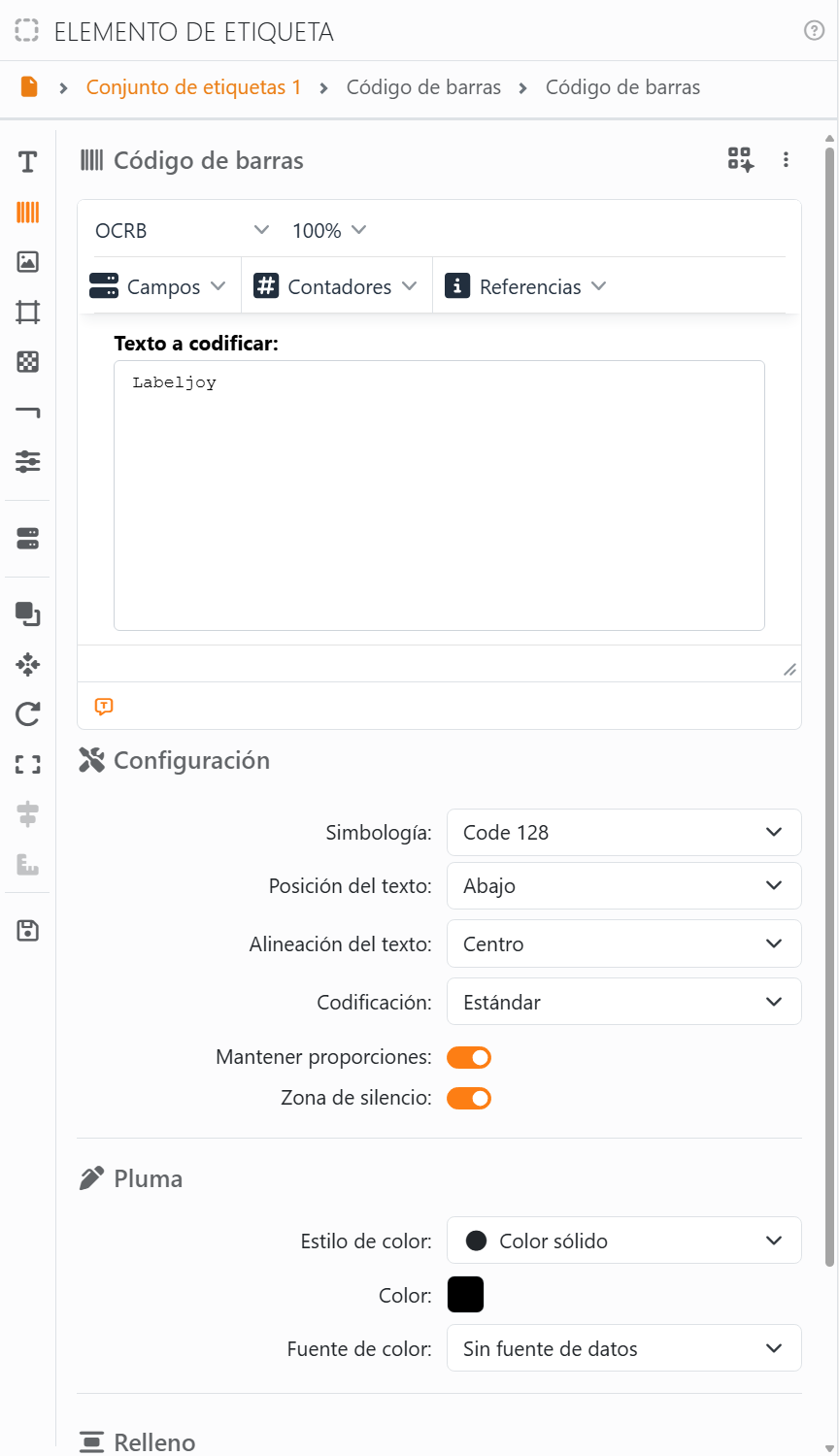 La sección Código de barras: la fuente OCRB al 100%, Campos,
Contadores y Referencias, Texto a codificar con Labeljoy dentro, luego Configuración con Simbología Code 128, Posición
del texto Abajo, Alineación del texto Centro, Codificación Estándar, Mantener proporciones y Zona de silencio
activados, y Pluma.