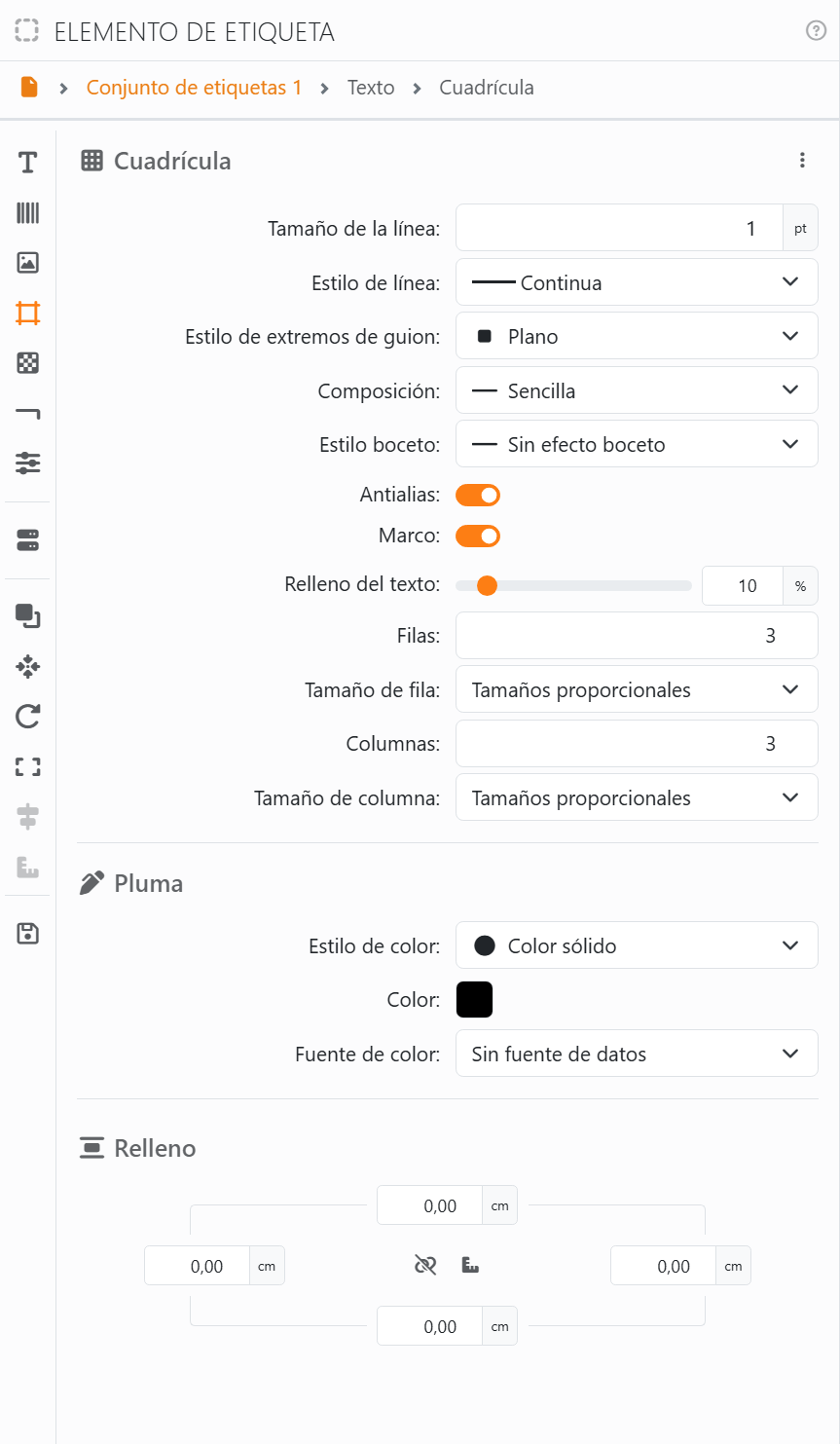La sección Cuadrícula: Tamaño de la línea 1 pt, Estilo de línea
Continua, Estilo de extremos de guion Plano, Composición Sencilla, Estilo boceto Sin efecto boceto, Antialias activado, Marco activado,
Relleno del texto 10%, Filas 3 y Tamaño de fila Tamaños proporcionales, Columnas 3 y Tamaño de columna Tamaños
proporcionales, luego Pluma y Relleno.