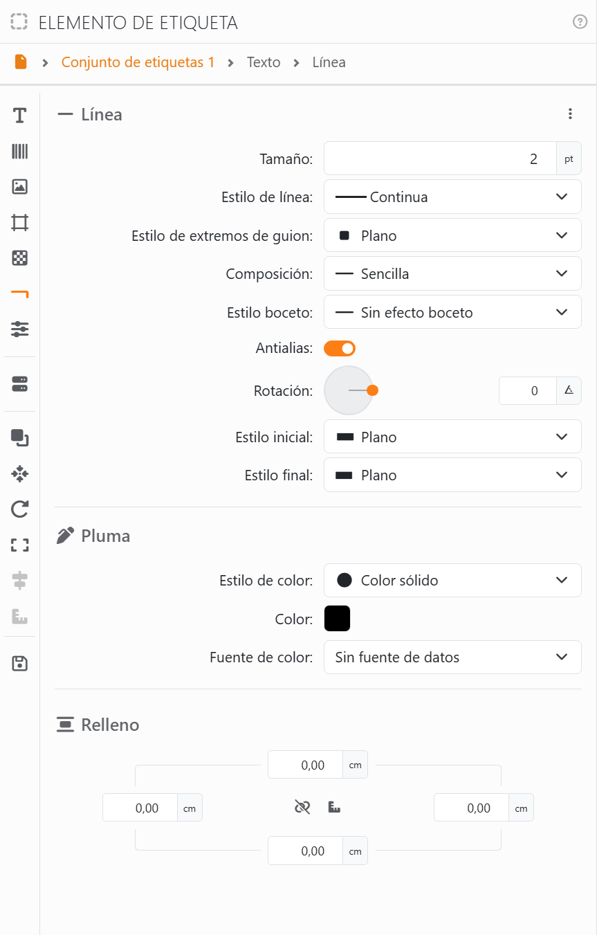 La sección Línea: Tamaño 2 pt, Estilo de línea Continua, Estilo de extremos de guion Plano, Composición Sencilla, Estilo boceto Sin efecto boceto, Antialias activado, Rotación 0, Estilo inicial y
Estilo final Plano, luego Pluma y Relleno.