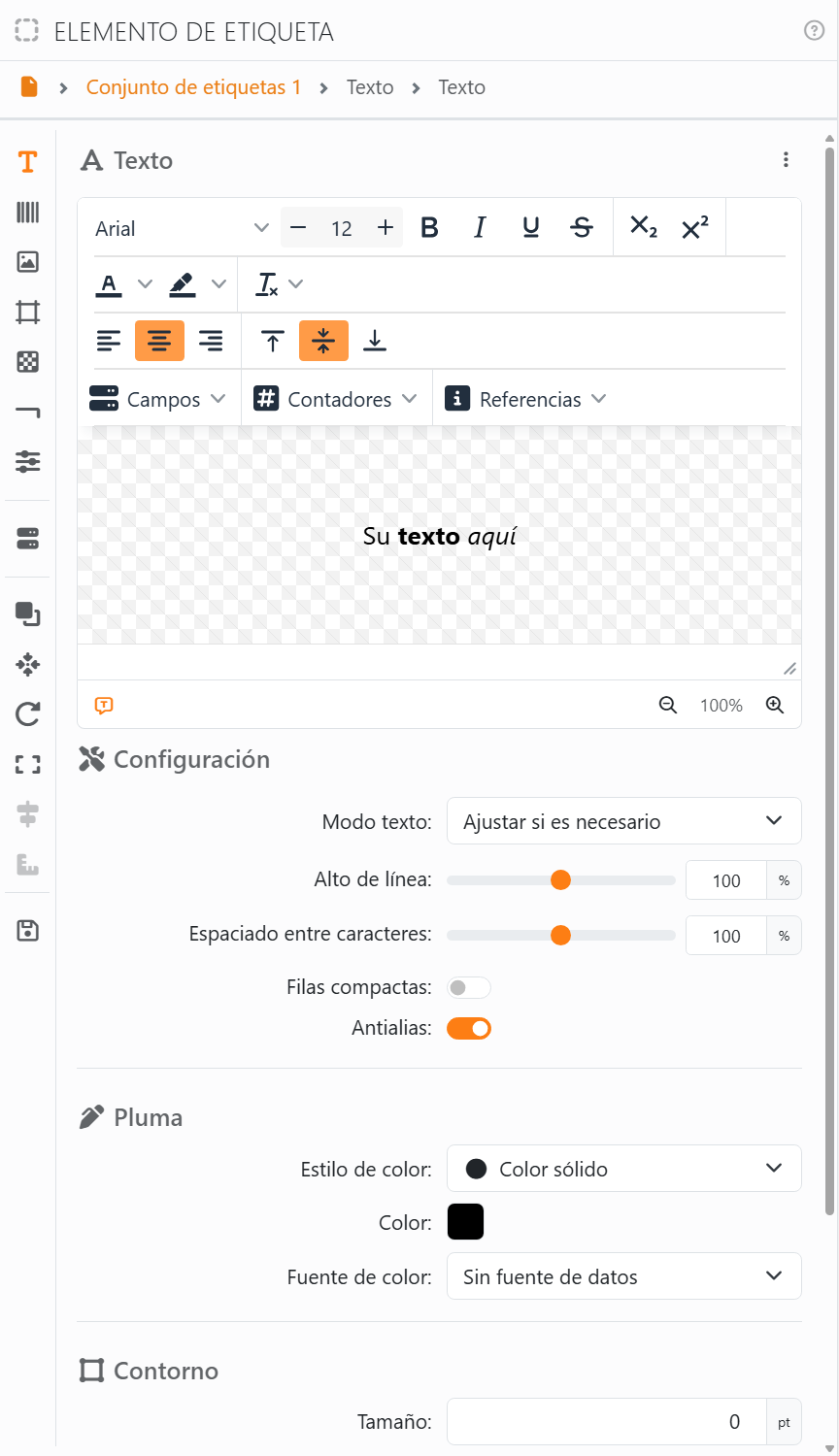 El panel Elemento de etiqueta del elemento Texto: la ruta
Conjunto de etiquetas 1, Texto, Texto; la tira de iconos a lo largo del lado izquierdo, con Texto iluminado; y la
sección Texto, con el editor de texto que muestra Su texto aquí y, debajo, Configuración.