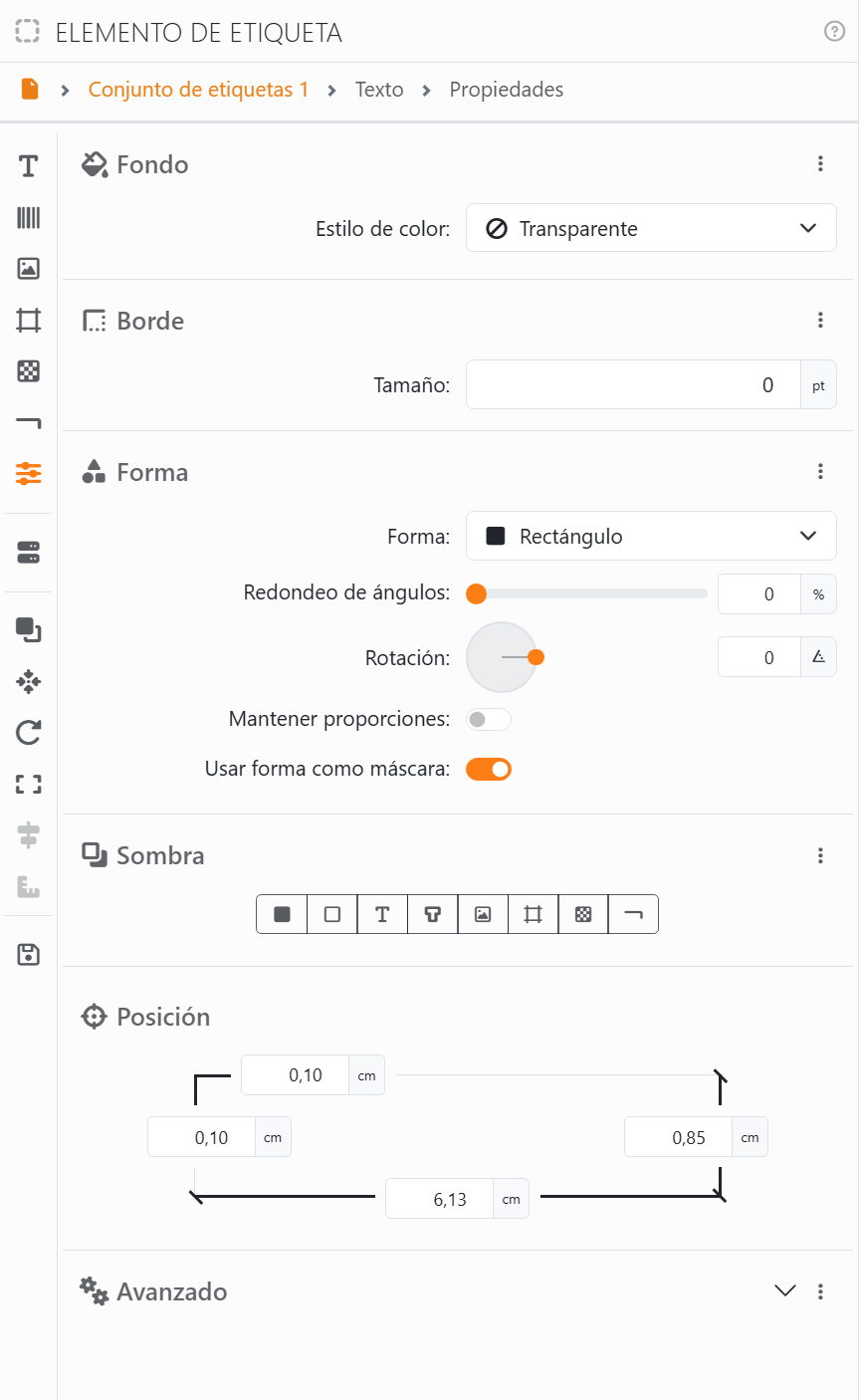 La sección Propiedades: Fondo con Estilo de color
Transparente, Borde con Tamaño 0 pt, Forma con Rectángulo, Redondeo de ángulos, Rotación, Mantener proporciones y Usar
forma como máscara, Sombra con su fila de botones, Posición con cuatro casillas, y Avanzado.