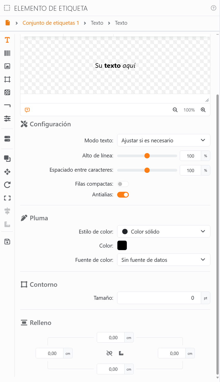 La sección Texto bajo el editor: Configuración, con Modo texto
Ajustar si es necesario, Alto de línea y Espaciado entre caracteres al 100%, Filas compactas desactivado y Antialias
activado; Pluma, con Estilo de color Color sólido y Color negro; Borde, con Tamaño 0 pt; y Relleno.