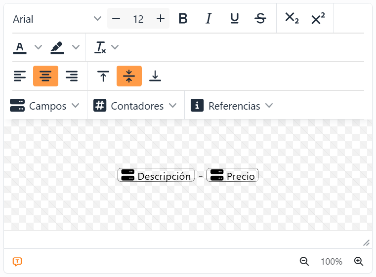El editor de texto con dos marcadores, Descripción y
Precio, separados por un guion.
