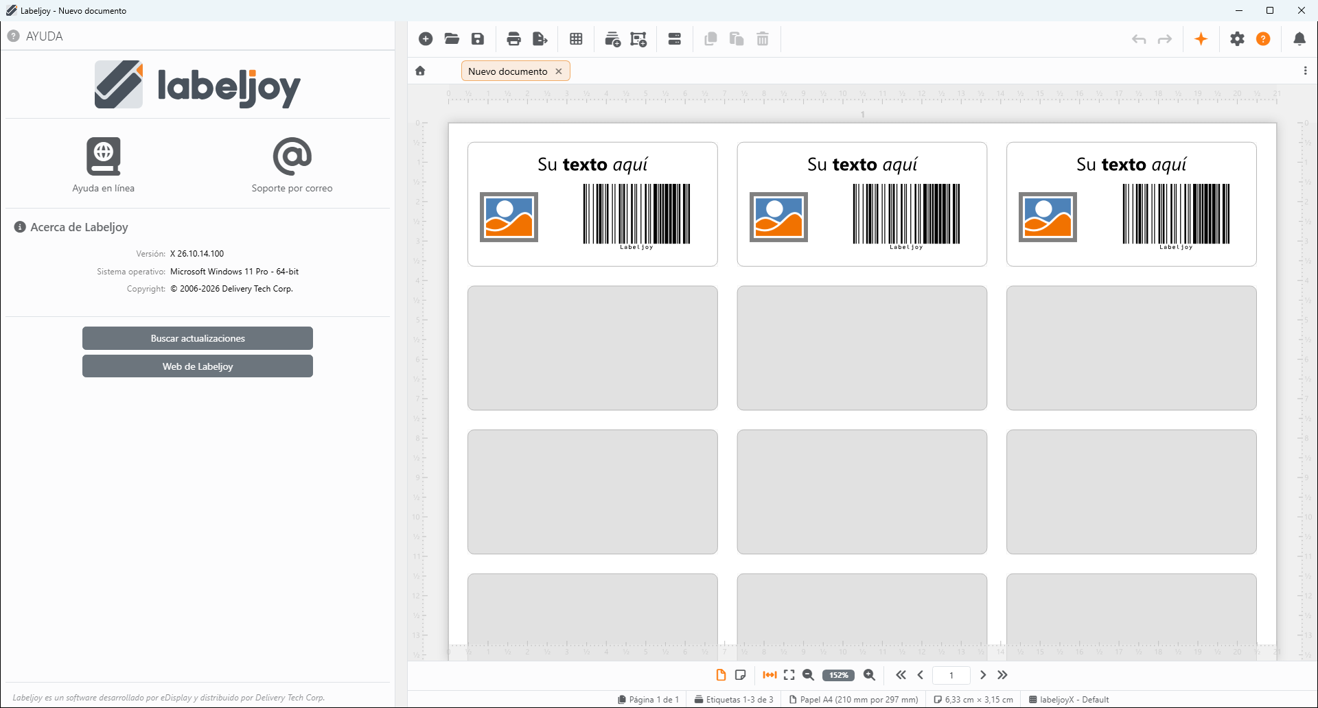 Labeljoy con un documento nuevo: la pestaña Nuevo documento
y, en el área de trabajo, una hoja cuyas tres primeras etiquetas contienen cada una Su texto aquí, una imagen y un
código de barras, mientras el resto de la hoja está gris.