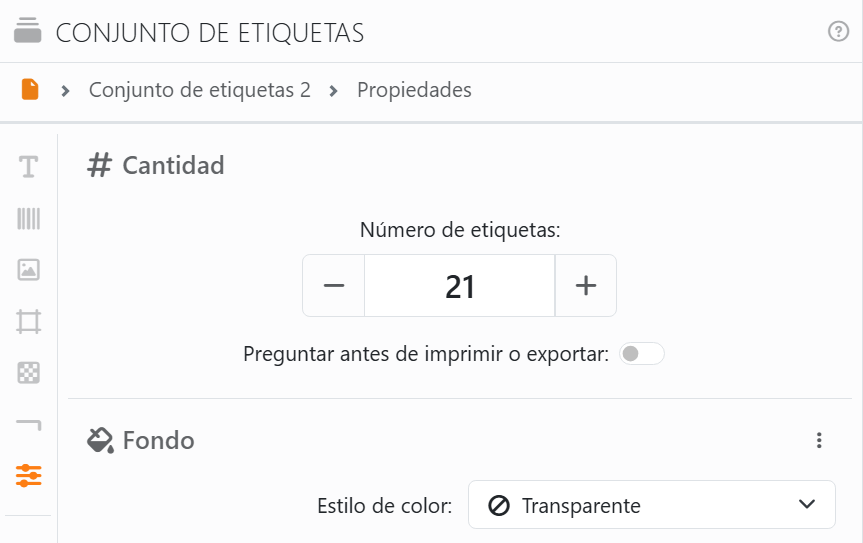 La sección Cantidad del panel Conjunto de etiquetas: Número de
etiquetas 21, y el interruptor Preguntar antes de imprimir o exportar, desactivado.