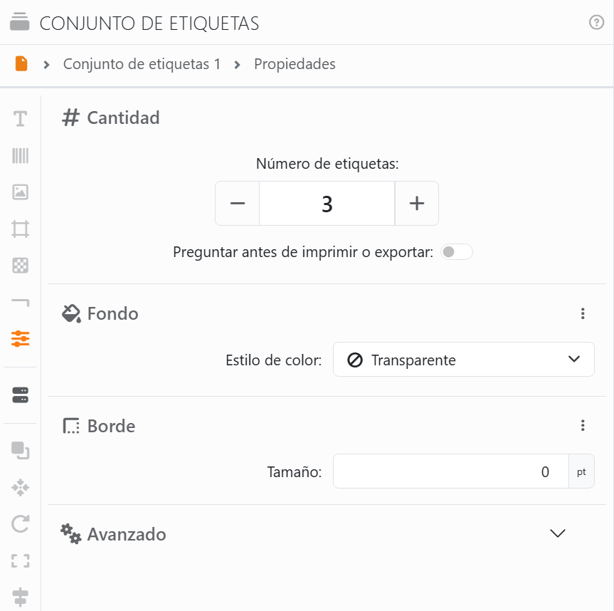 El panel Conjunto de etiquetas de Conjunto de etiquetas 1:
la ruta Conjunto de etiquetas 1, Propiedades; la tira de iconos a lo largo del lado izquierdo, con Propiedades
iluminado; y las secciones Cantidad, con Número de etiquetas 3 y Preguntar antes de imprimir o exportar, Fondo, con
Estilo de color Transparente, Borde, con Tamaño 0 pt, y Avanzado.