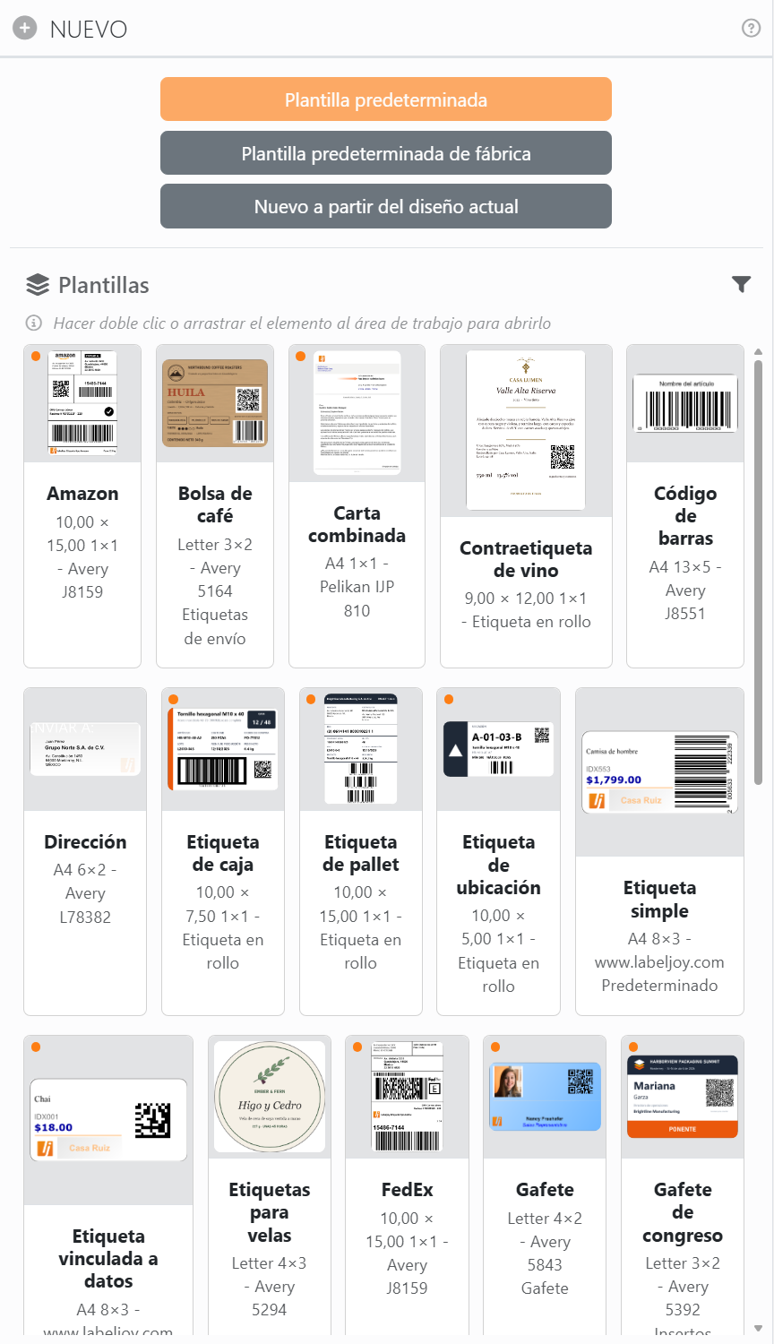 El panel Nuevo: los botones Plantilla predeterminada,
Plantilla predeterminada de fábrica y Nuevo a partir del diseño actual, y debajo la galería Plantillas.
