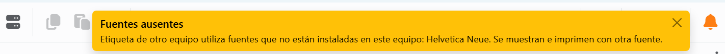 Una tarjeta Fuentes ausentes arriba a la derecha de la ventana, y a su lado la campana, en naranja.