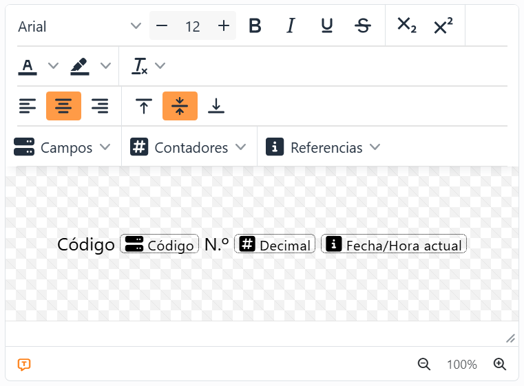 El editor de texto con la palabra Código, un marcador del campo
Código, la palabra N.º, un marcador del contador Decimal y un marcador de la referencia Fecha/Hora actual, cada uno un
pequeño recuadro de puntos con su icono y su nombre.