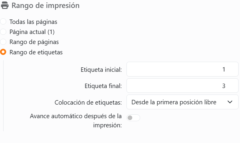 La sección Rango de impresión del panel Imprimir con
Rango de etiquetas elegido: Etiqueta inicial 1, Etiqueta final 3, Colocación de etiquetas en Desde la primera posición libre, y Avance automático después de la impresión.