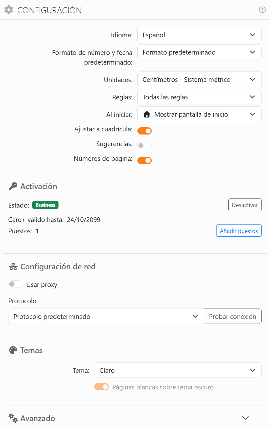 El panel Configuración: Idioma Español, Formato de número y fecha predeterminado Formato predeterminado, Unidades, Reglas, Al iniciar Mostrar pantalla de inicio, los interruptores
Ajustar a cuadrícula, Sugerencias y Números de página, y luego las secciones Activación, Configuración de red, Temas y,
cerrada, Avanzado.
