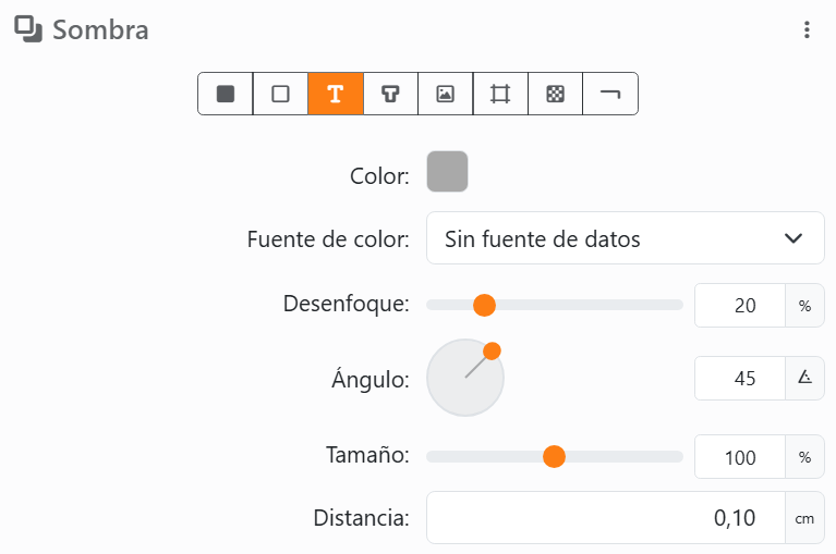 Sombra con Texto elegido entre los ocho botones, luego Color, Fuente
de color, Desenfoque 20%, Ángulo con su dial, Tamaño 100% y Distancia.