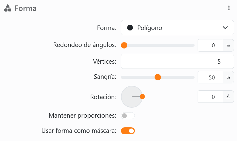 La sección Forma de un elemento: Forma Polígono, Redondeo de ángulos,
Vértices 5, Sangría 50% para una estrella, Rotación con su dial, Mantener proporciones y Usar forma como máscara.