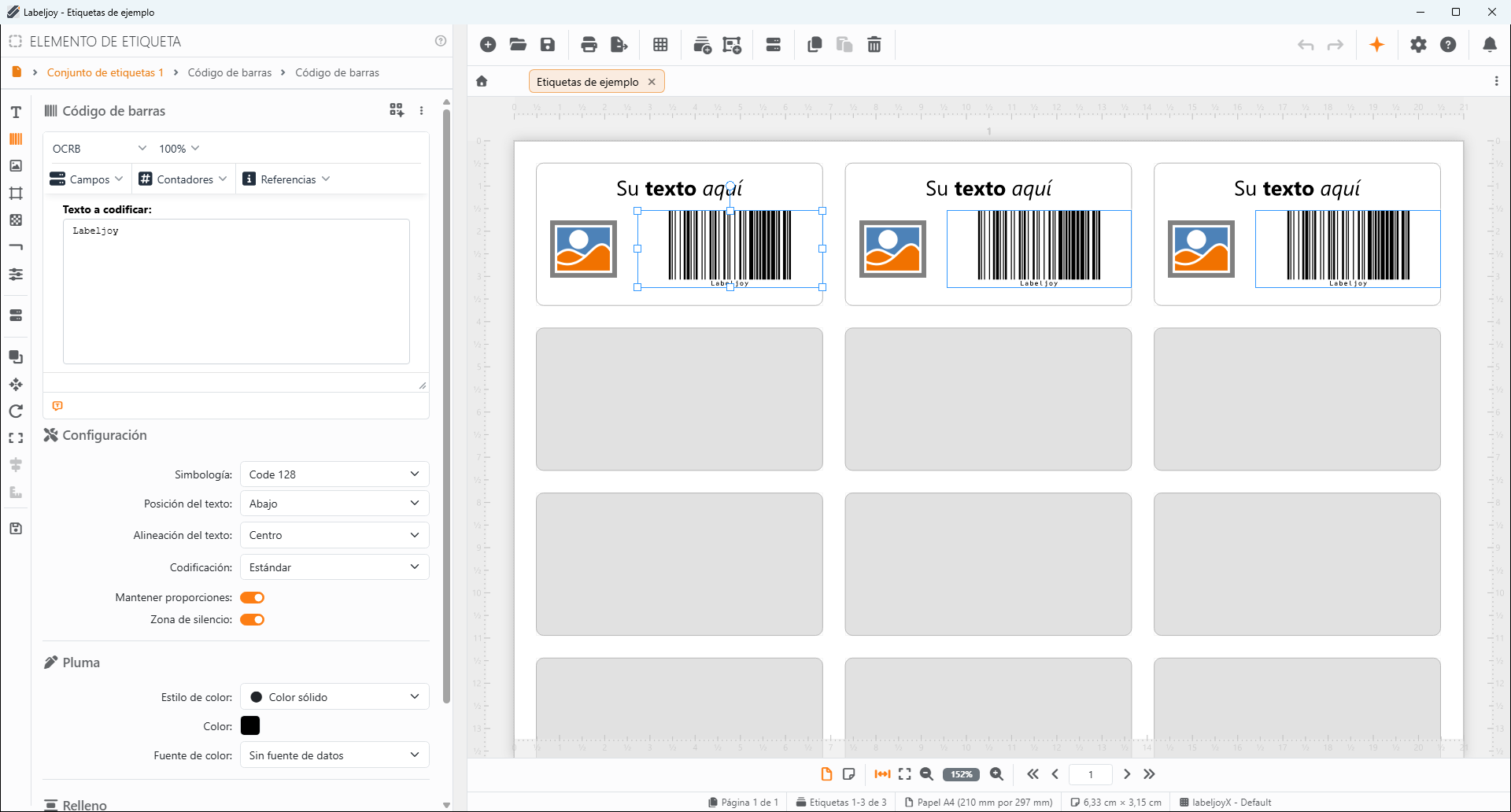 La ventana de Labeljoy con un documento abierto: la barra de
herramientas y las pestañas de documentos arriba, el panel de herramientas a la izquierda, la etiqueta en el centro y
la barra de estado abajo.