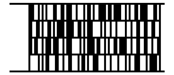 Un code-barres Code 16K, quatre rangées de barres entre une
barre en haut et une en bas, contenant Labeljoy Code 16K.