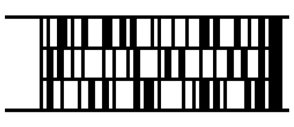 Un code-barres Code 49, trois rangées de barres entre une
barre en haut et une en bas, contenant LABELJOY CODE 49.