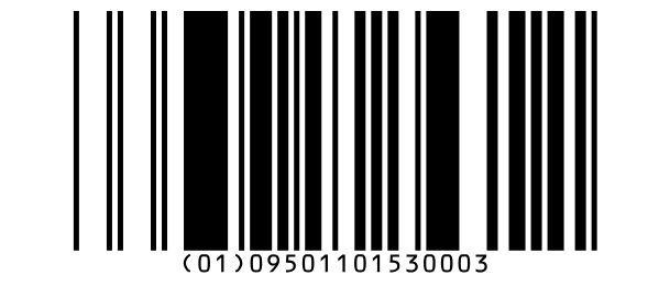Un code-barres Databar Omnidirectional pour le GTIN 09501101530003, avec (01)09501101530003 sous les barres.