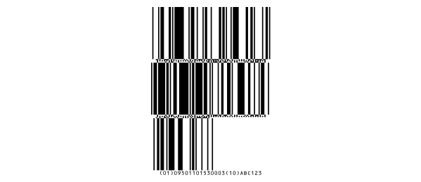 Un code-barres Databar Expanded Stacked : les mêmes données en deux rangées.