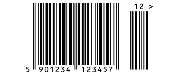 Un code-barres EAN 13 avec une petite extension de 2 chiffres, 12, à sa droite.