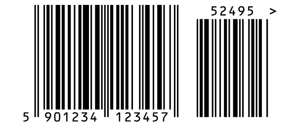 Un code-barres EAN 13 avec une petite extension de 5 chiffres, 52495, à sa droite.