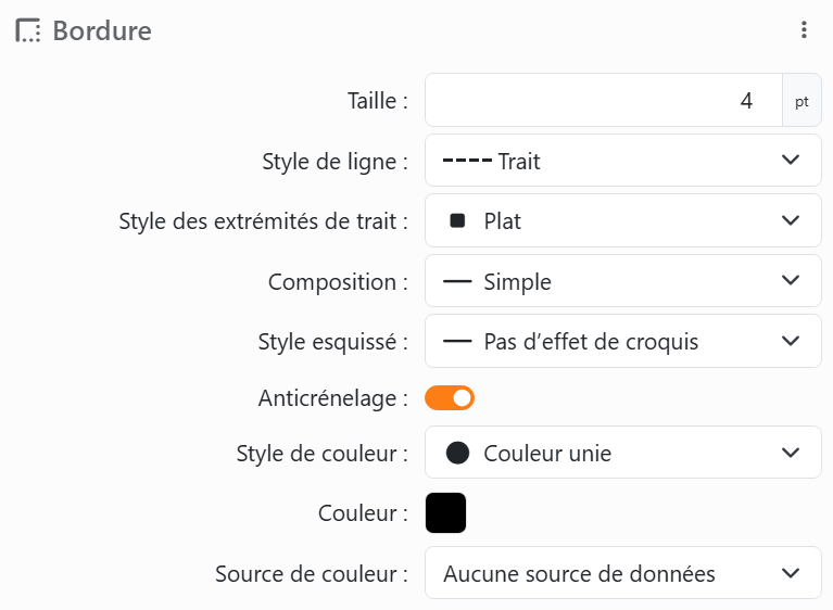 La section Bordure d'un élément : Taille 4 pt, Style de ligne
Trait, Style des extrémités de trait Plat, Composition Simple, Style esquissé Pas d’effet de croquis, Anticrénelage activé, puis Style
de couleur Couleur unie, Couleur et Source de couleur.