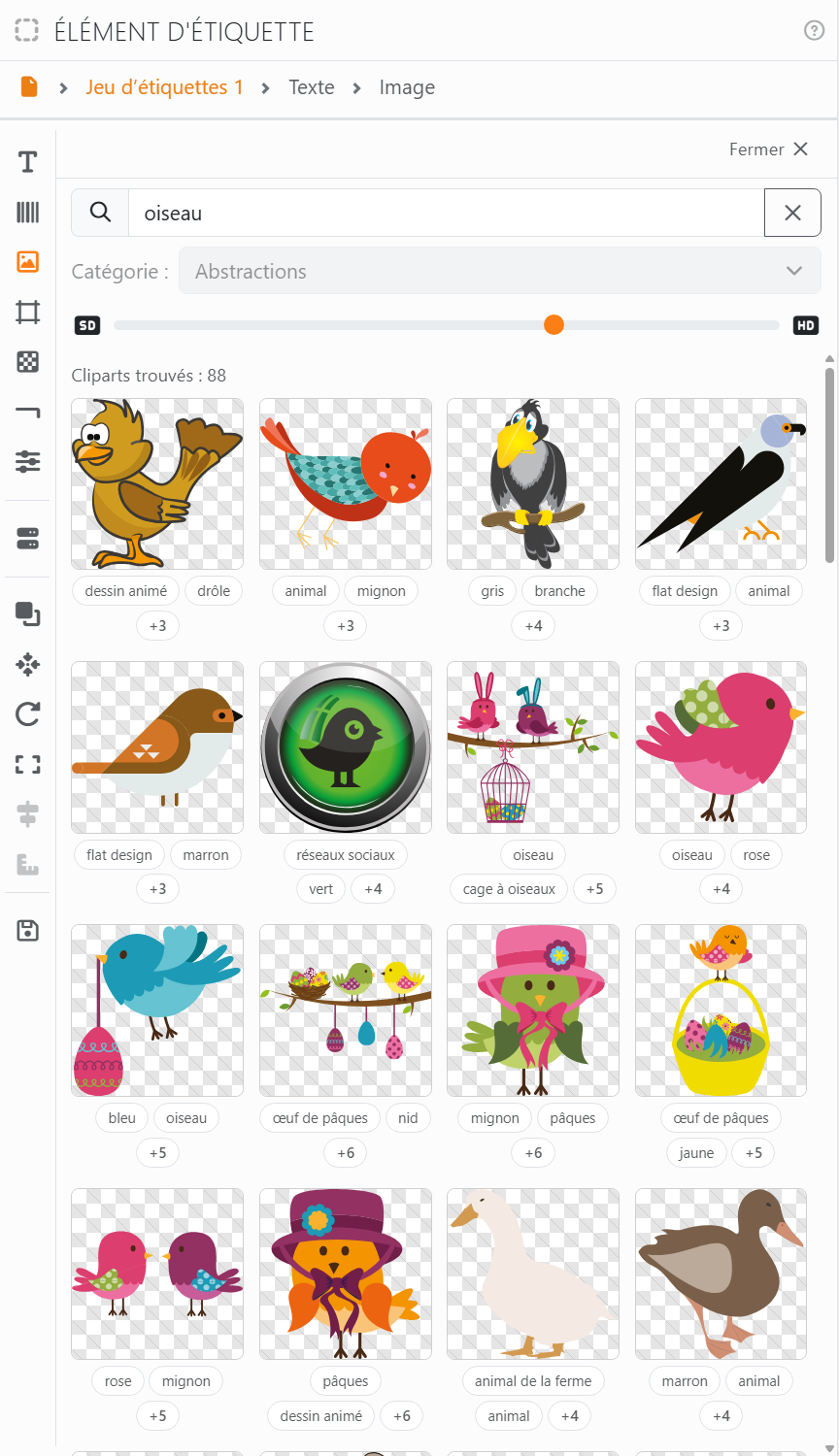 Le panneau Cliparts pendant une recherche d'oiseau : Fermer, la zone de recherche, la liste Catégorie
estompée, le curseur de qualité de SD à HD, le nombre de cliparts trouvés et une grille d'oiseaux, chacun avec
quelques mots-clés en dessous.