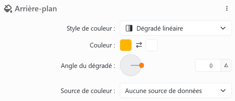 La commande de couleur de l'arrière-plan&nbsp;: Style de couleur
Dégradé linéaire, deux couleurs avec Inverser les couleurs entre elles, Angle du dégradé avec son cadran, et Source de
couleur Aucune source de données.