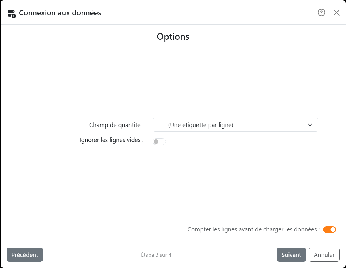 L'étape Options&nbsp;: Champ de quantité réglé sur
(Une étiquette par ligne), et les interrupteurs Ignorer les lignes vides et Compter les lignes avant de charger les
données.