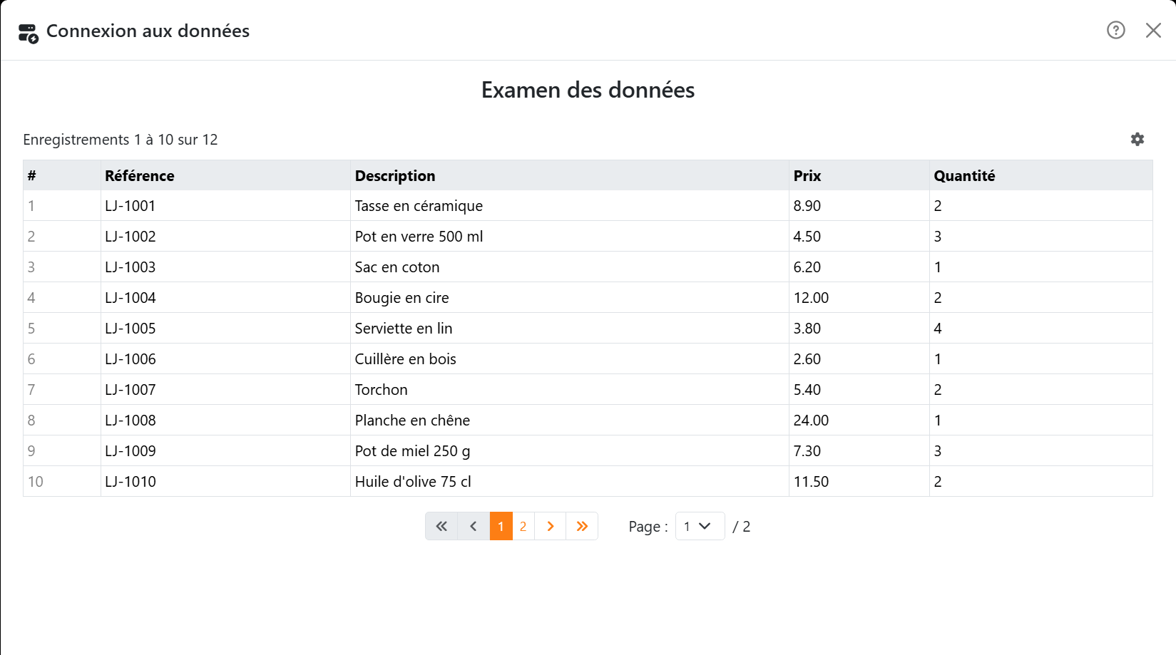 L'étape Examen des données&nbsp;: un tableau avec une
colonne # et les champs Référence, Description, Prix et Quantité, les premiers enregistrements d'une liste de produits,
la ligne Enregistrements 1 à 10 sur 12, et les boutons des pages.